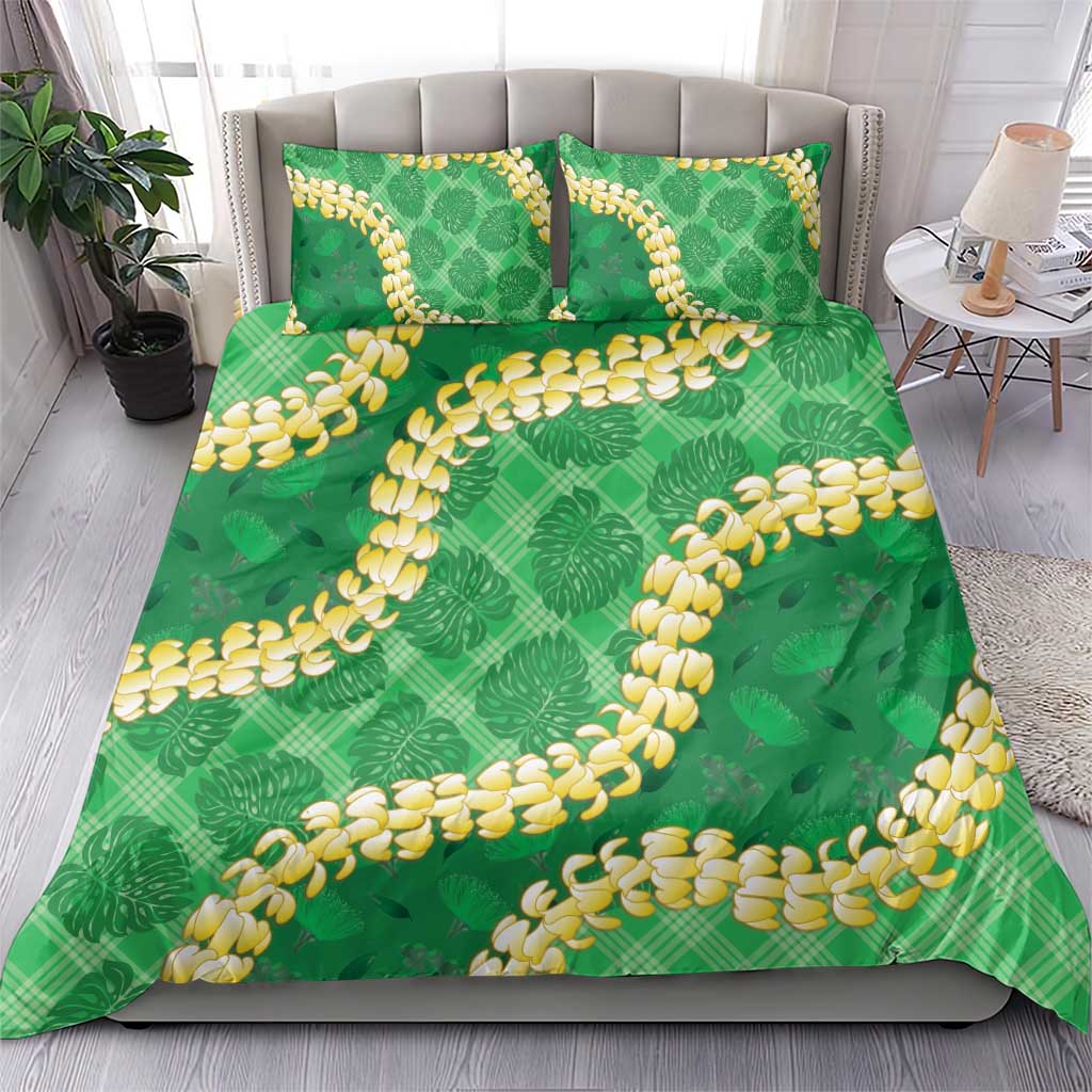 Green Palaka Hawaii Mele Kalikimaka Bedding Set Ohia Lehua Monstera Puakenikeni Lei - Polynesian Pride