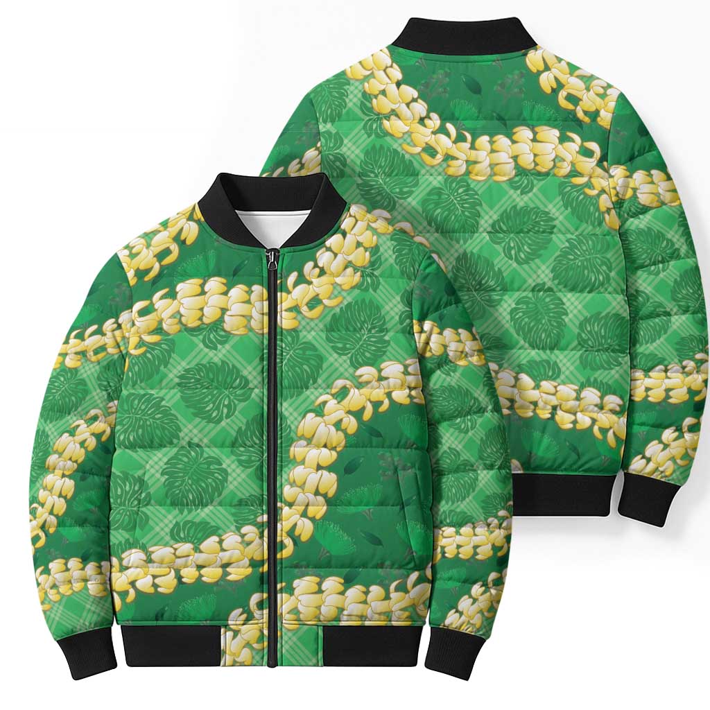 Green Palaka Hawaii Mele Kalikimaka Bomber Puffer Jacket Ohia Lehua Monstera Puakenikeni Lei - Polynesian Pride