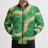 Green Palaka Hawaii Mele Kalikimaka Bomber Puffer Jacket Ohia Lehua Monstera Puakenikeni Lei - Polynesian Pride