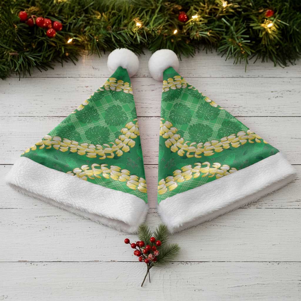 Green Palaka Hawaii Mele Kalikimaka Christmas Santa Hat Ohia Lehua Monstera Puakenikeni Lei - Polynesian Pride