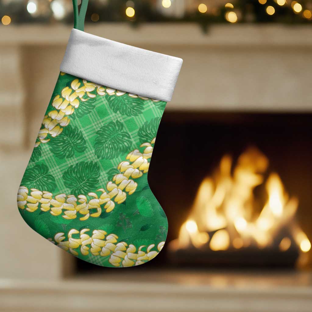 Green Palaka Hawaii Mele Kalikimaka Christmas Stocking Ohia Lehua Monstera Puakenikeni Lei - Polynesian Pride