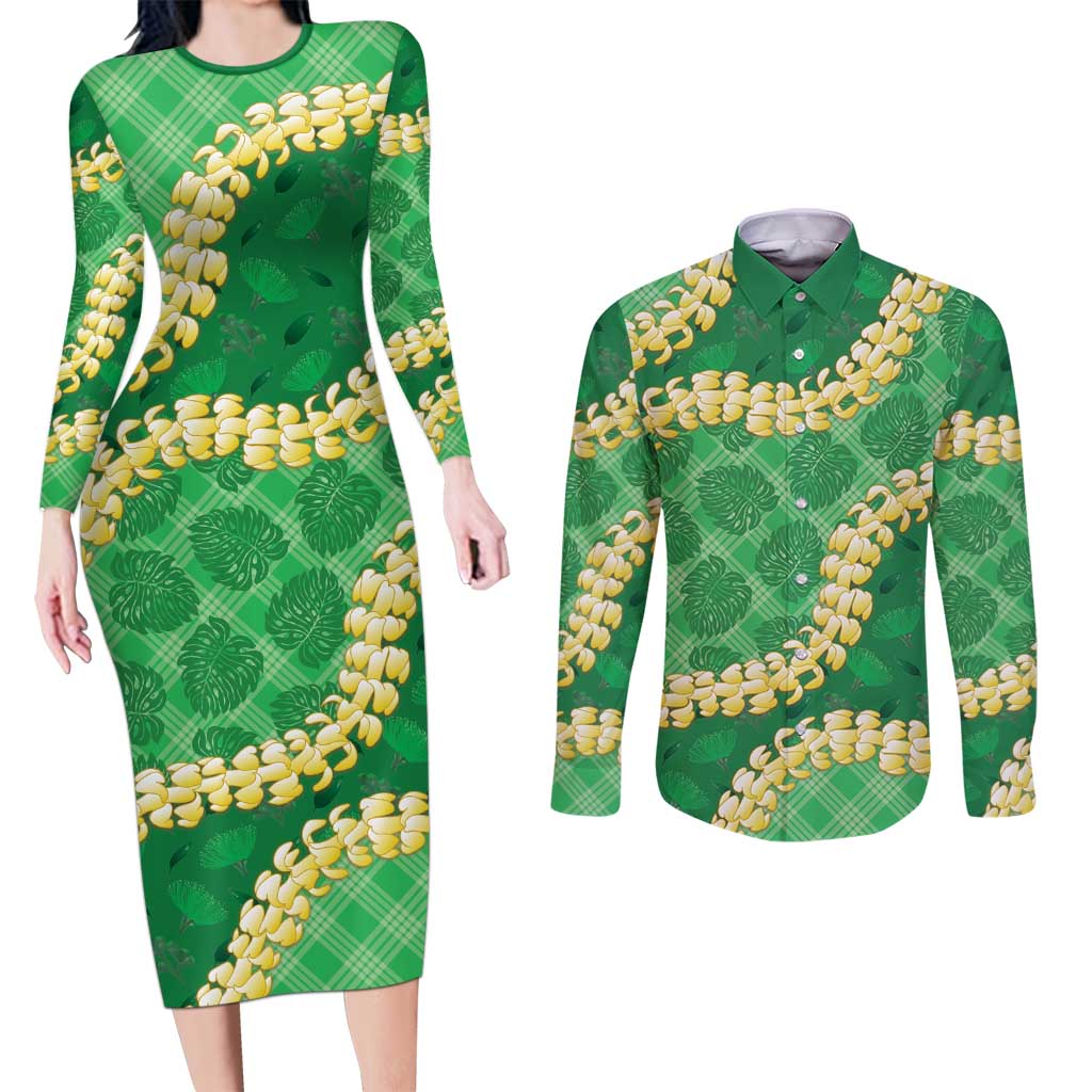 Green Palaka Hawaii Mele Kalikimaka Couples Matching Long Sleeve Bodycon Dress and Long Sleeve Button Shirt Ohia Lehua Monstera Puakenikeni Lei - Polynesian Pride