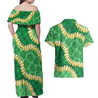 Green Palaka Hawaii Mele Kalikimaka Couples Matching Off Shoulder Maxi Dress and Hawaiian Shirt Ohia Lehua Monstera Puakenikeni Lei - Polynesian Pride