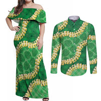 Green Palaka Hawaii Mele Kalikimaka Couples Matching Off Shoulder Maxi Dress and Long Sleeve Button Shirt Ohia Lehua Monstera Puakenikeni Lei - Polynesian Pride