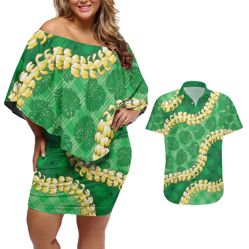 Green Palaka Hawaii Mele Kalikimaka Couples Matching Off Shoulder Short Dress and Hawaiian Shirt Ohia Lehua Monstera Puakenikeni Lei - Polynesian Pride