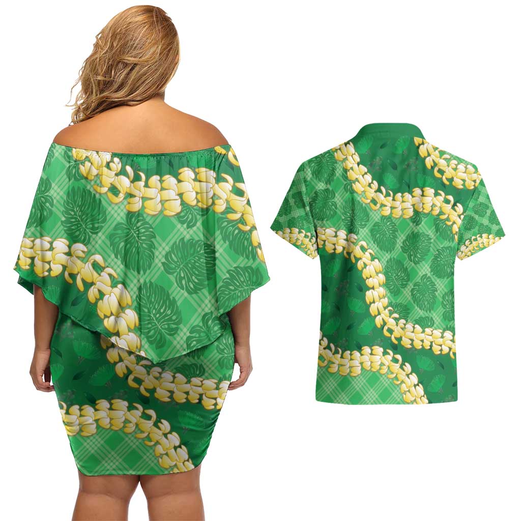 Green Palaka Hawaii Mele Kalikimaka Couples Matching Off Shoulder Short Dress and Hawaiian Shirt Ohia Lehua Monstera Puakenikeni Lei - Polynesian Pride