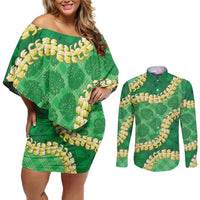 Green Palaka Hawaii Mele Kalikimaka Couples Matching Off Shoulder Short Dress and Long Sleeve Button Shirt Ohia Lehua Monstera Puakenikeni Lei - Polynesian Pride