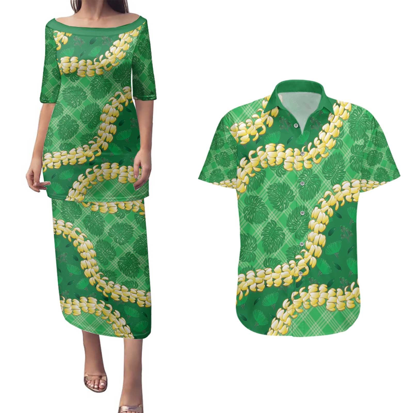 Green Palaka Hawaii Mele Kalikimaka Couples Matching Puletasi and Hawaiian Shirt Ohia Lehua Monstera Puakenikeni Lei - Polynesian Pride