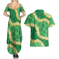 Green Palaka Hawaii Mele Kalikimaka Couples Matching Summer Maxi Dress and Hawaiian Shirt Ohia Lehua Monstera Puakenikeni Lei - Polynesian Pride