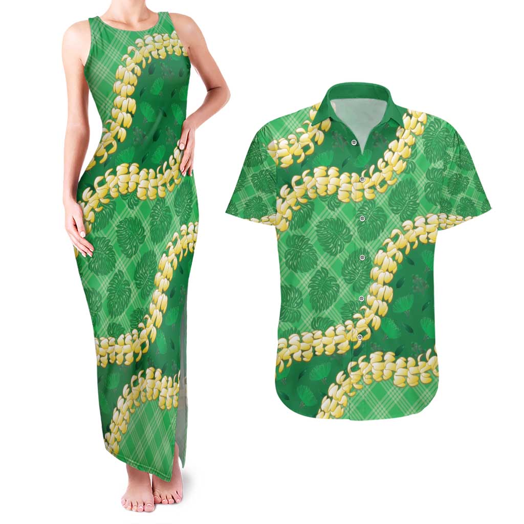 Green Palaka Hawaii Mele Kalikimaka Couples Matching Tank Maxi Dress and Hawaiian Shirt Ohia Lehua Monstera Puakenikeni Lei - Polynesian Pride