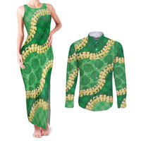 Green Palaka Hawaii Mele Kalikimaka Couples Matching Tank Maxi Dress and Long Sleeve Button Shirt Ohia Lehua Monstera Puakenikeni Lei - Polynesian Pride
