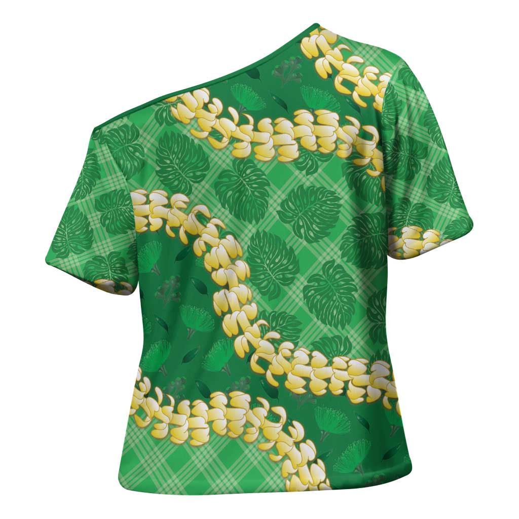 Green Palaka Hawaii Mele Kalikimaka Cross Shoulder Shirt Ohia Lehua Monstera Puakenikeni Lei - Polynesian Pride