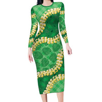 Green Palaka Hawaii Mele Kalikimaka Family Matching Long Sleeve Bodycon Dress and Hawaiian Shirt Ohia Lehua Monstera Puakenikeni Lei - Polynesian Pride
