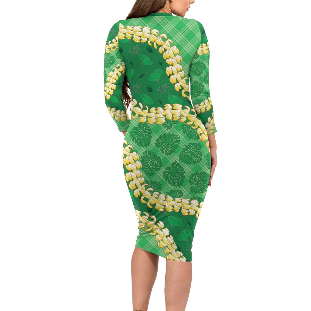 Green Palaka Hawaii Mele Kalikimaka Family Matching Long Sleeve Bodycon Dress and Hawaiian Shirt Ohia Lehua Monstera Puakenikeni Lei - Polynesian Pride