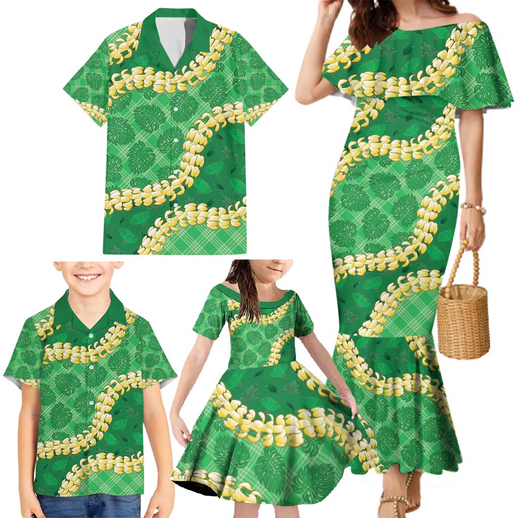 Green Palaka Hawaii Mele Kalikimaka Family Matching Mermaid Dress and Hawaiian Shirt Ohia Lehua Monstera Puakenikeni Lei - Polynesian Pride