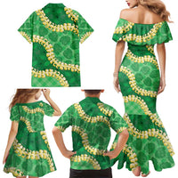Green Palaka Hawaii Mele Kalikimaka Family Matching Mermaid Dress and Hawaiian Shirt Ohia Lehua Monstera Puakenikeni Lei - Polynesian Pride