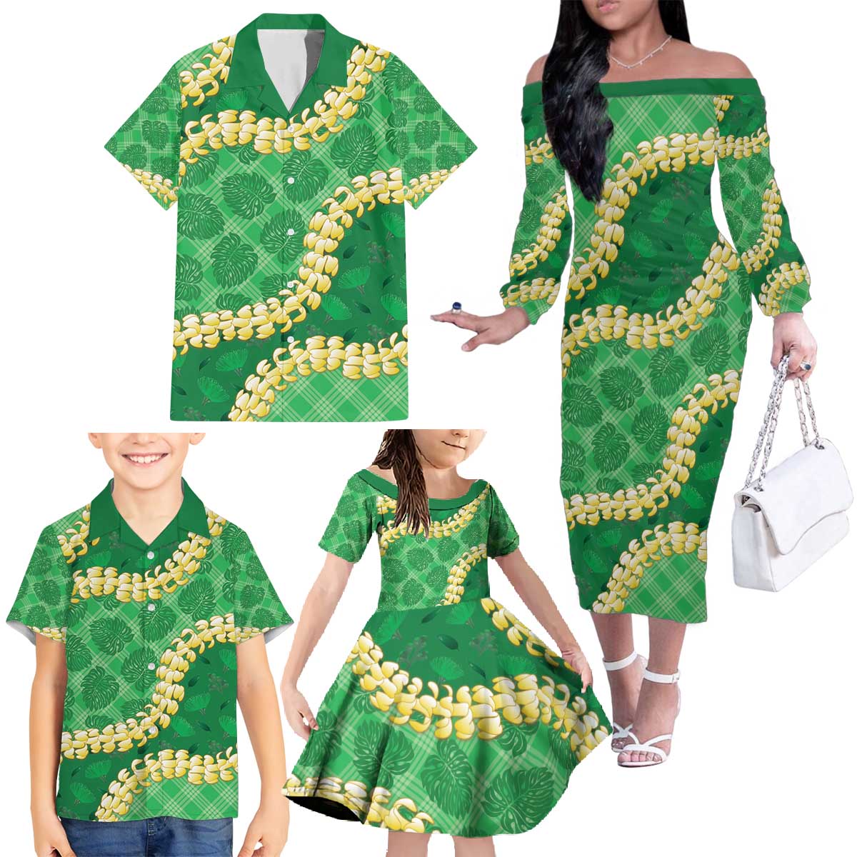 Green Palaka Hawaii Mele Kalikimaka Family Matching Off The Shoulder Long Sleeve Dress and Hawaiian Shirt Ohia Lehua Monstera Puakenikeni Lei - Polynesian Pride