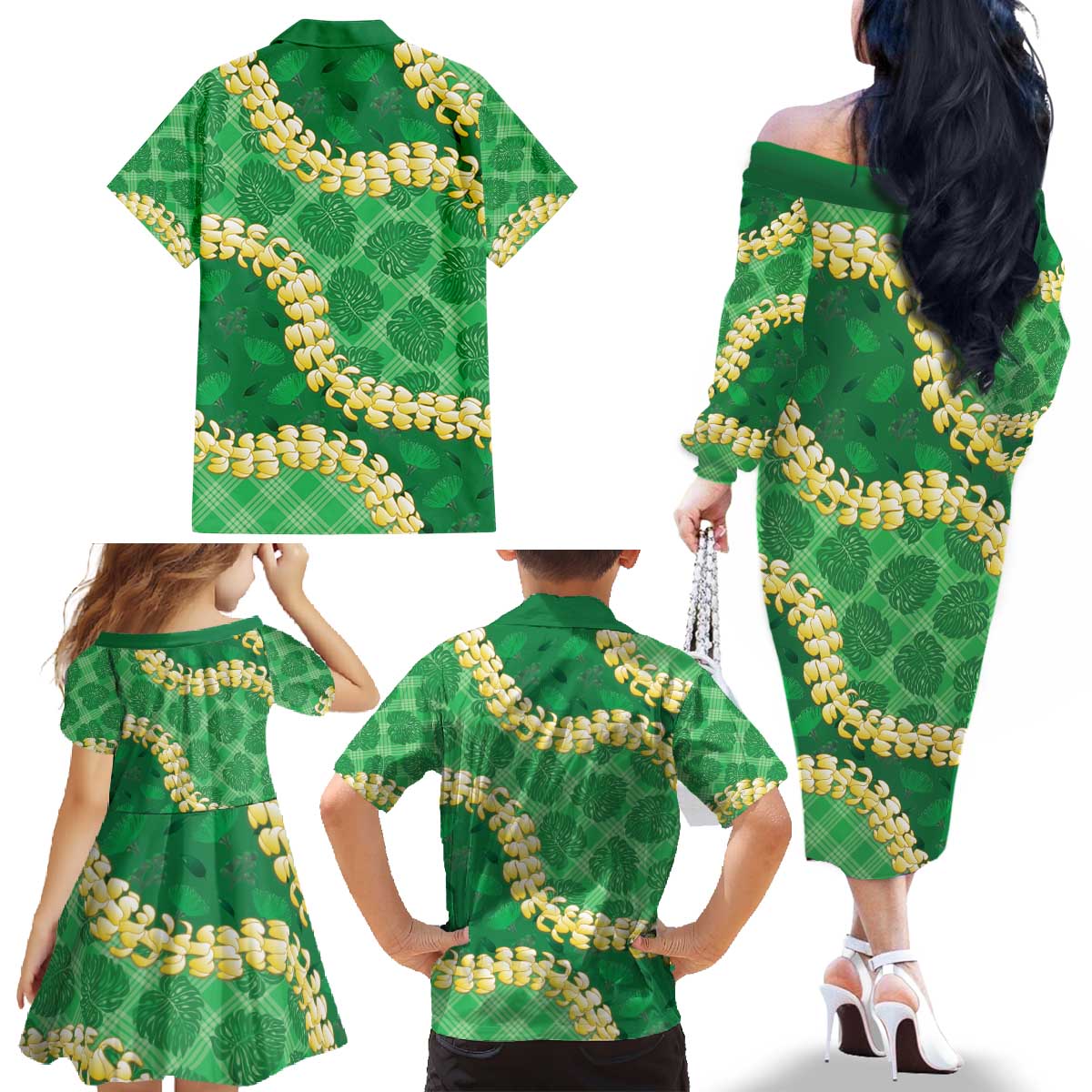 Green Palaka Hawaii Mele Kalikimaka Family Matching Off The Shoulder Long Sleeve Dress and Hawaiian Shirt Ohia Lehua Monstera Puakenikeni Lei - Polynesian Pride