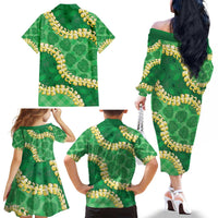 Green Palaka Hawaii Mele Kalikimaka Family Matching Off The Shoulder Long Sleeve Dress and Hawaiian Shirt Ohia Lehua Monstera Puakenikeni Lei - Polynesian Pride