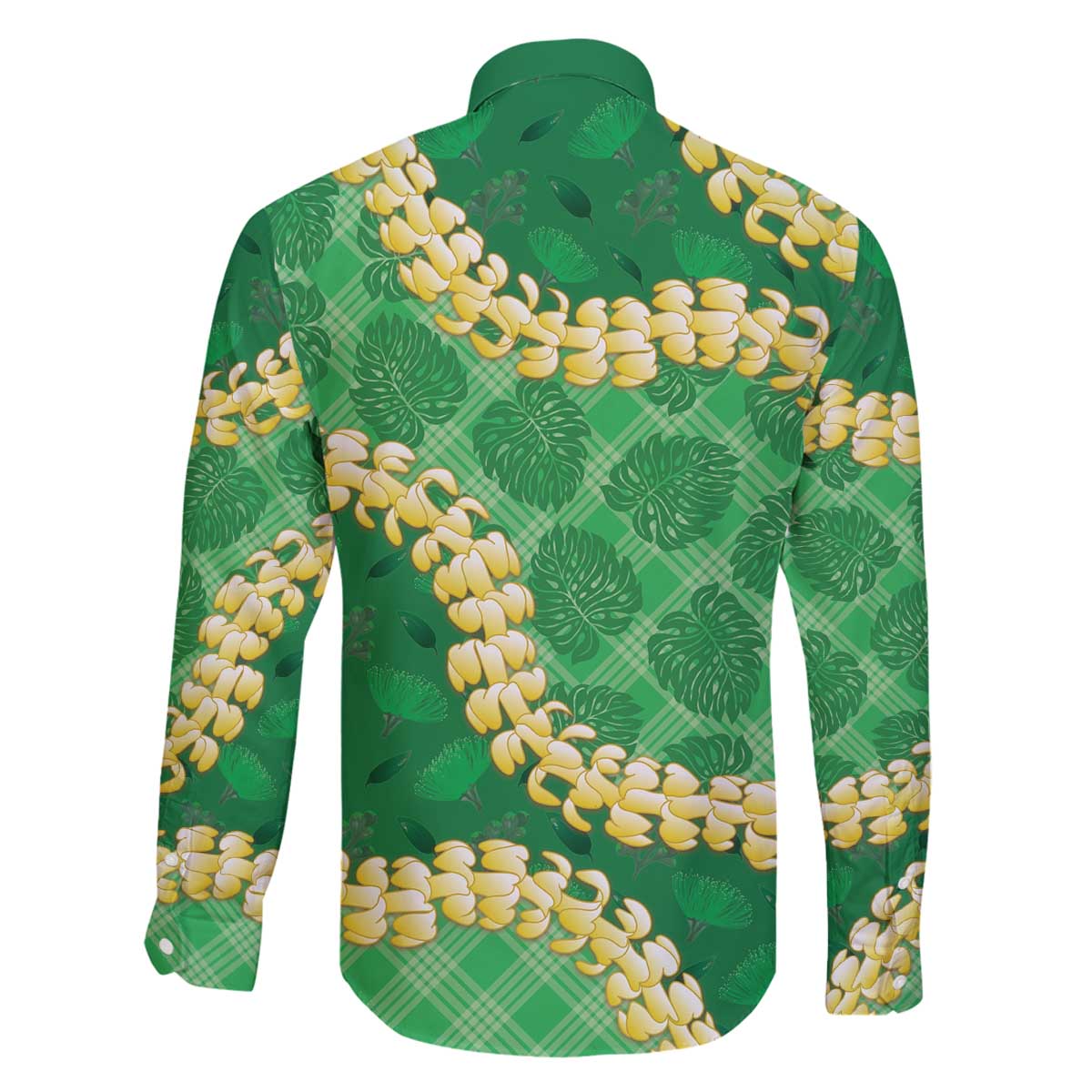 Green Palaka Hawaii Mele Kalikimaka Family Matching Off The Shoulder Long Sleeve Dress and Hawaiian Shirt Ohia Lehua Monstera Puakenikeni Lei - Polynesian Pride