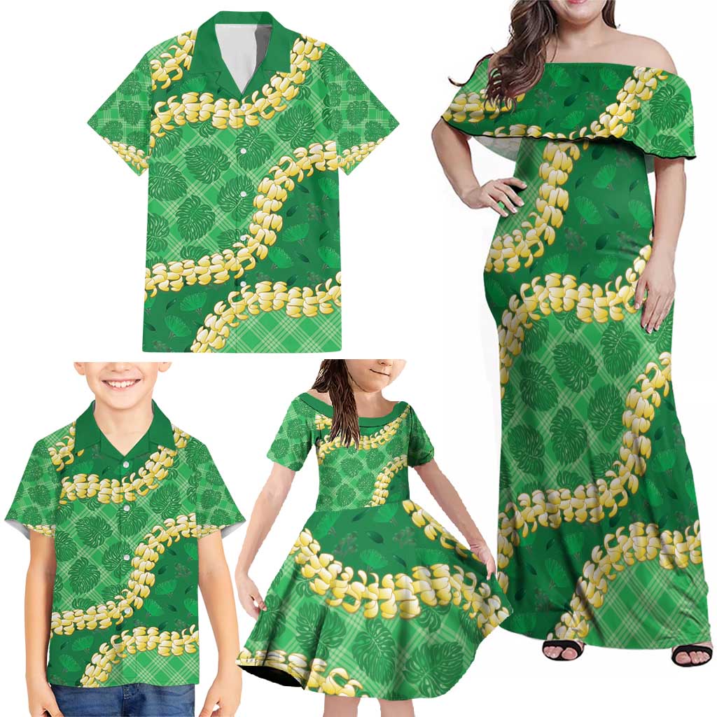 Green Palaka Hawaii Mele Kalikimaka Family Matching Off Shoulder Maxi Dress and Hawaiian Shirt Ohia Lehua Monstera Puakenikeni Lei - Polynesian Pride