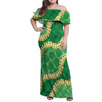 Green Palaka Hawaii Mele Kalikimaka Family Matching Off Shoulder Maxi Dress and Hawaiian Shirt Ohia Lehua Monstera Puakenikeni Lei - Polynesian Pride