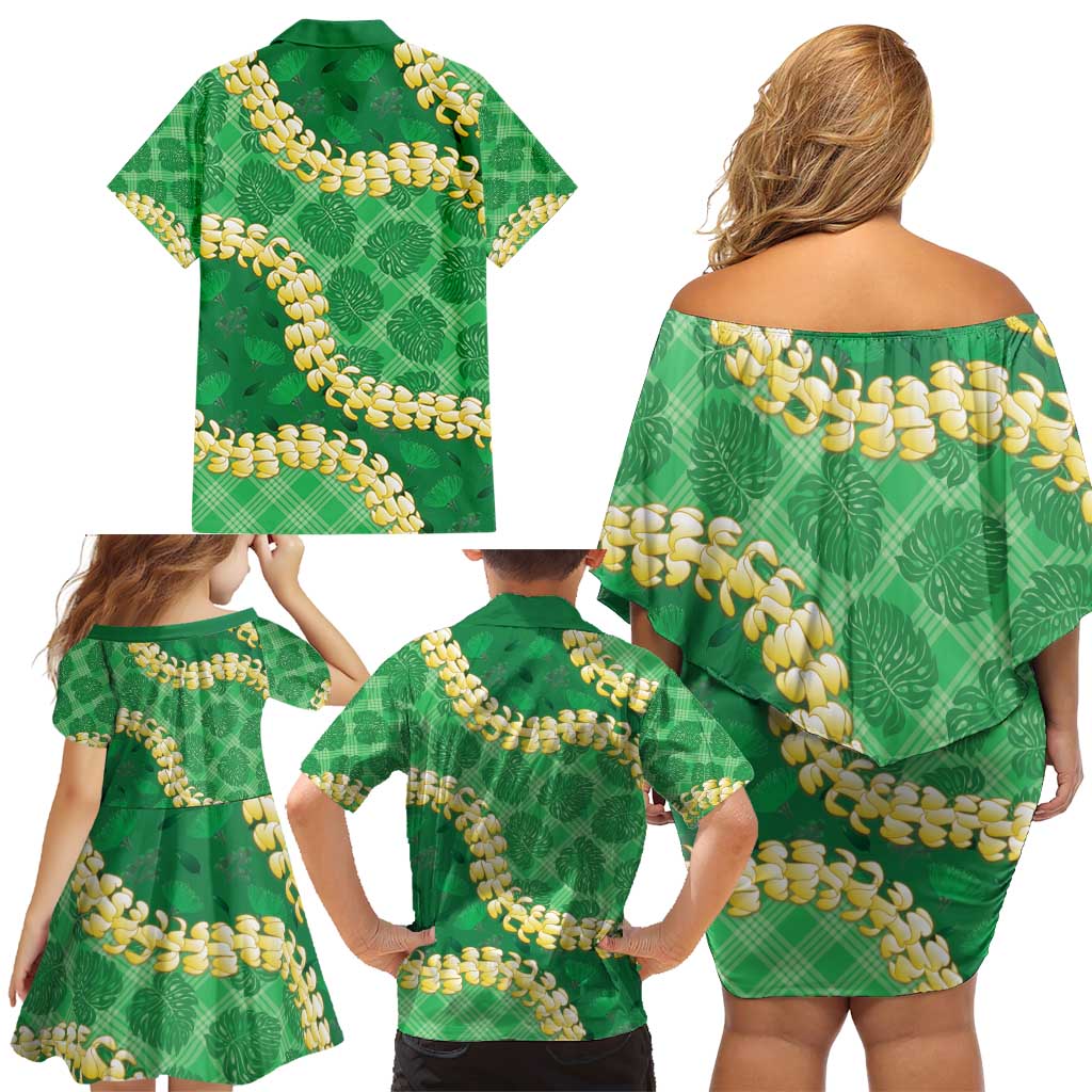 Green Palaka Hawaii Mele Kalikimaka Family Matching Off Shoulder Short Dress and Hawaiian Shirt Ohia Lehua Monstera Puakenikeni Lei - Polynesian Pride