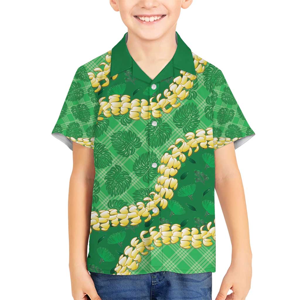 Green Palaka Hawaii Mele Kalikimaka Family Matching Off Shoulder Short Dress and Hawaiian Shirt Ohia Lehua Monstera Puakenikeni Lei - Polynesian Pride