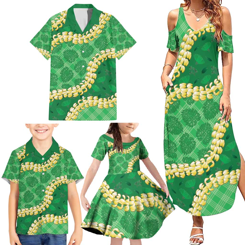 Green Palaka Hawaii Mele Kalikimaka Family Matching Summer Maxi Dress and Hawaiian Shirt Ohia Lehua Monstera Puakenikeni Lei - Polynesian Pride