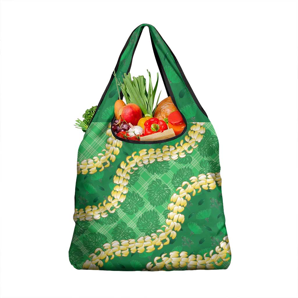 Green Palaka Hawaii Mele Kalikimaka Grocery Bag Ohia Lehua Monstera Puakenikeni Lei - Polynesian Pride