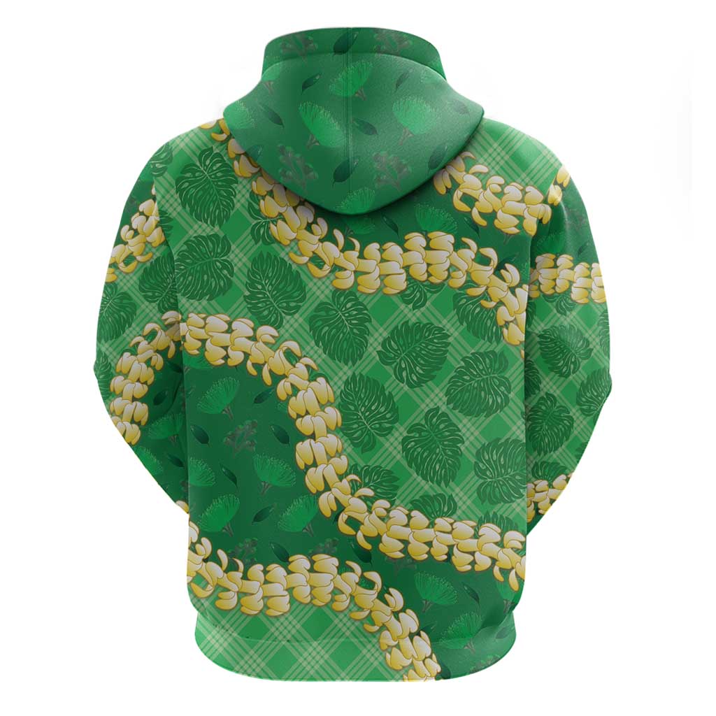 Green Palaka Hawaii Mele Kalikimaka Hoodie Ohia Lehua Monstera Puakenikeni Lei - Polynesian Pride