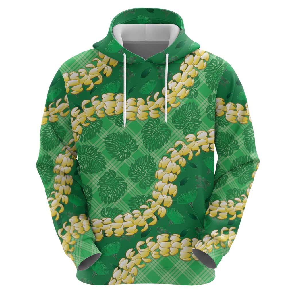 Green Palaka Hawaii Mele Kalikimaka Hoodie Ohia Lehua Monstera Puakenikeni Lei - Polynesian Pride
