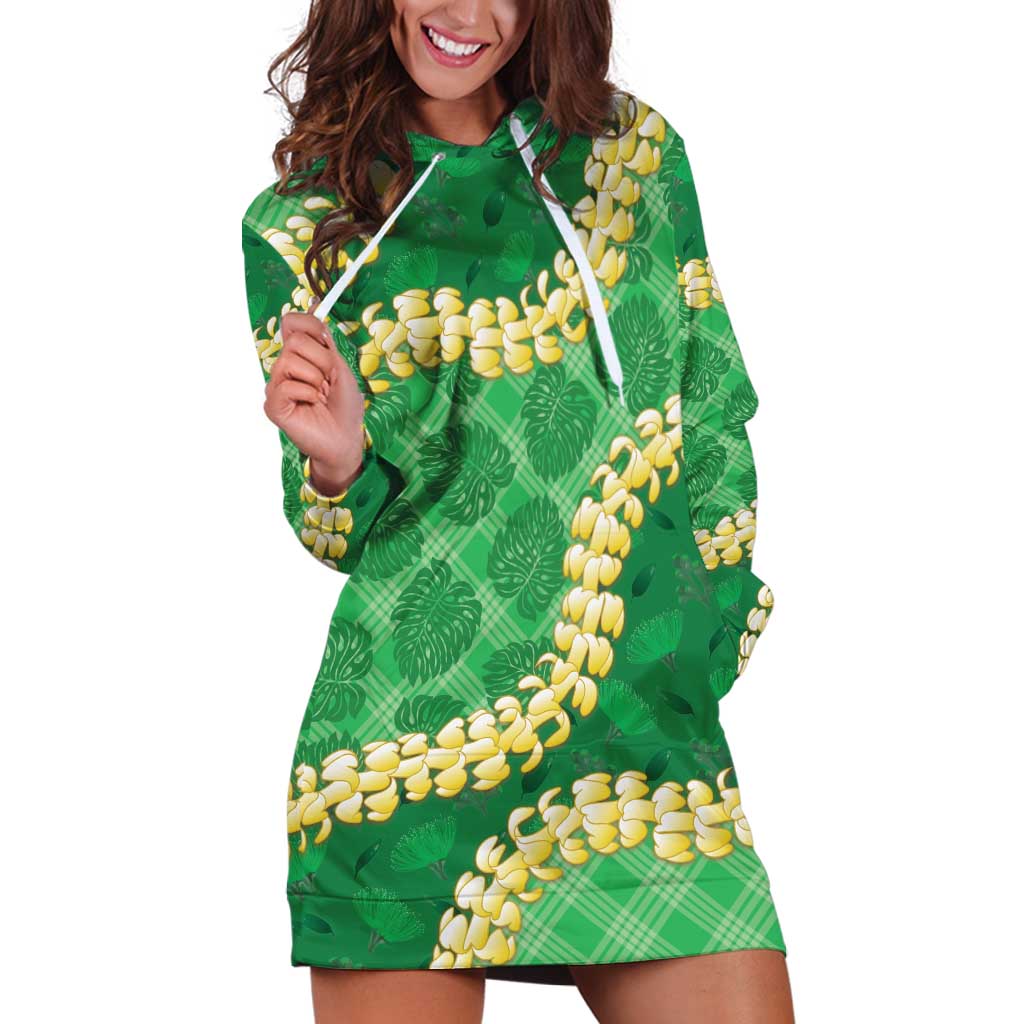 Green Palaka Hawaii Mele Kalikimaka Hoodie Dress Ohia Lehua Monstera Puakenikeni Lei - Polynesian Pride