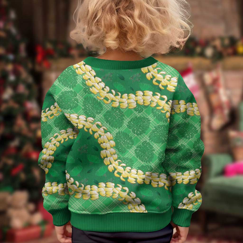 Green Palaka Hawaii Mele Kalikimaka Kid Ugly Christmas Sweater Ohia Lehua Monstera Puakenikeni Lei - Polynesian Pride