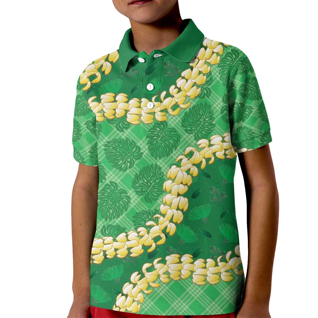 Green Palaka Hawaii Mele Kalikimaka Kid Polo Shirt Ohia Lehua Monstera Puakenikeni Lei - Polynesian Pride