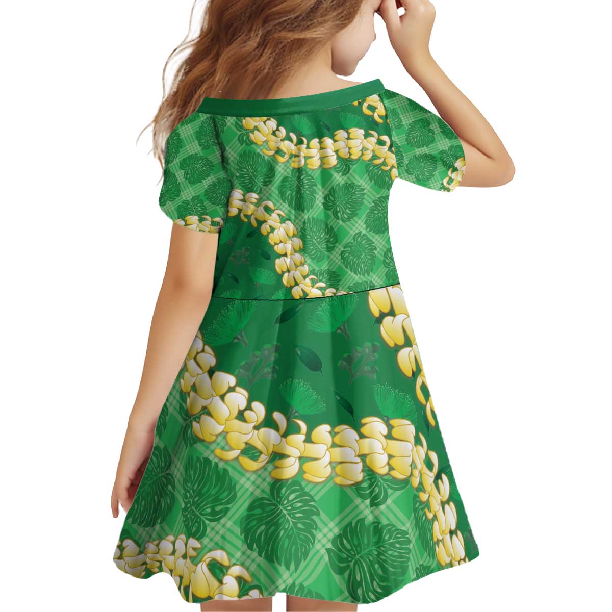 Green Palaka Hawaii Mele Kalikimaka Kid Short Sleeve Dress Ohia Lehua Monstera Puakenikeni Lei - Polynesian Pride