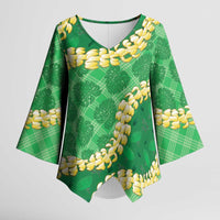 Green Palaka Hawaii Mele Kalikimaka Kimono Sleeve Blouse Ohia Lehua Monstera Puakenikeni Lei - Polynesian Pride