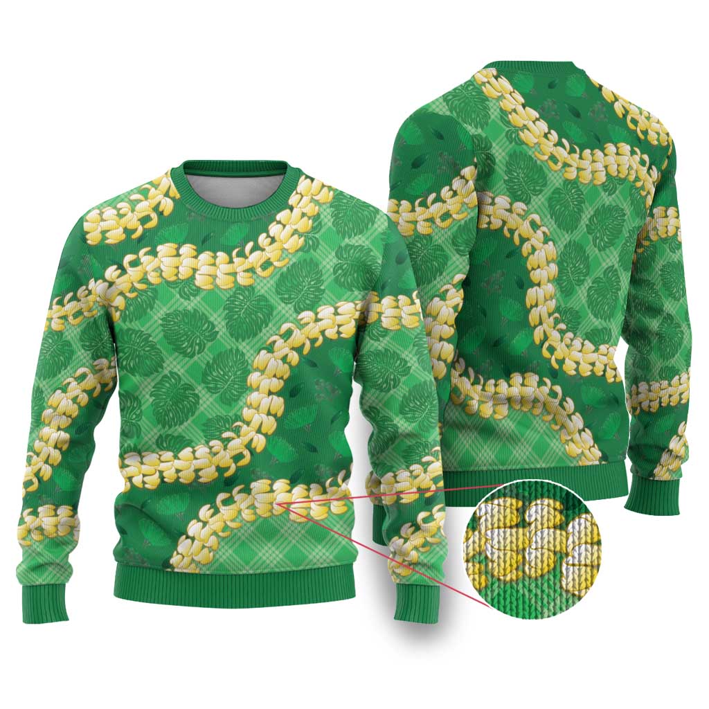 Green Palaka Hawaii Mele Kalikimaka Ugly Christmas Sweater Ohia Lehua Monstera Puakenikeni Lei - Polynesian Pride