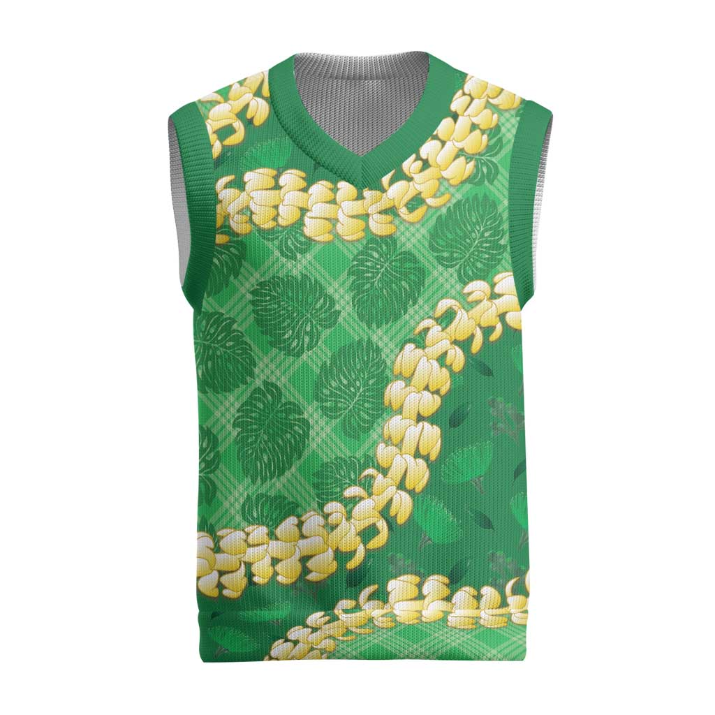 Green Palaka Hawaii Mele Kalikimaka Christmas Knitted V-Neck Vest Ohia Lehua Monstera Puakenikeni Lei - Polynesian Pride