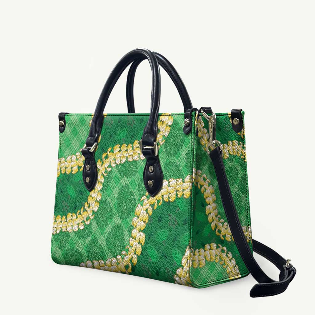 Green Palaka Hawaii Mele Kalikimaka Leather Bag Ohia Lehua Monstera Puakenikeni Lei - Polynesian Pride