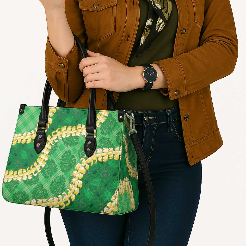 Green Palaka Hawaii Mele Kalikimaka Leather Bag Ohia Lehua Monstera Puakenikeni Lei - Polynesian Pride