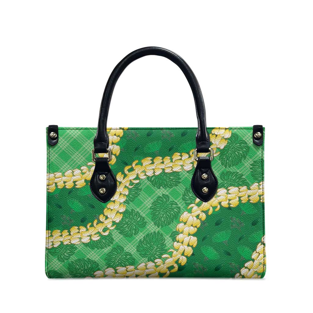 Green Palaka Hawaii Mele Kalikimaka Leather Bag Ohia Lehua Monstera Puakenikeni Lei - Polynesian Pride