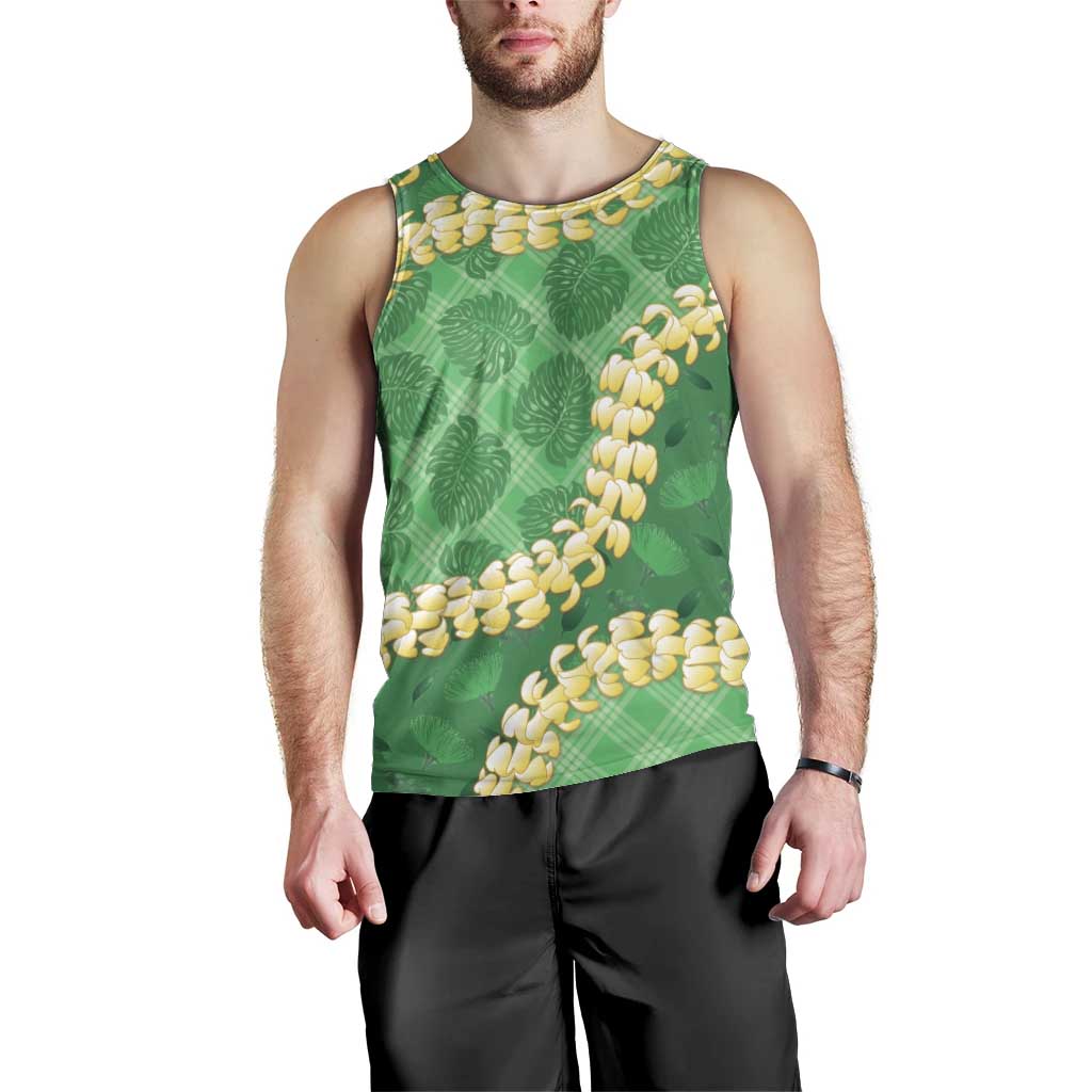 Green Palaka Hawaii Mele Kalikimaka Men Tank Top Ohia Lehua Monstera Puakenikeni Lei - Polynesian Pride