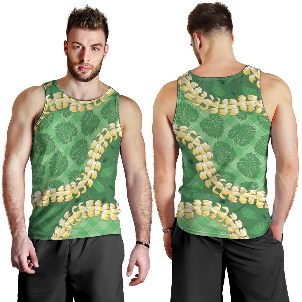 Green Palaka Hawaii Mele Kalikimaka Men Tank Top Ohia Lehua Monstera Puakenikeni Lei - Polynesian Pride