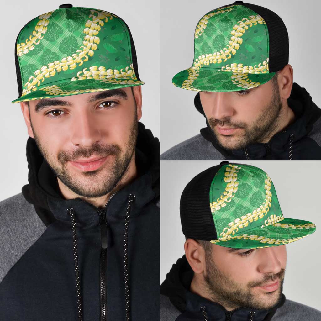 Green Palaka Hawaii Mele Kalikimaka Mesh Trucker Cap Ohia Lehua Monstera Puakenikeni Lei - Polynesian Pride