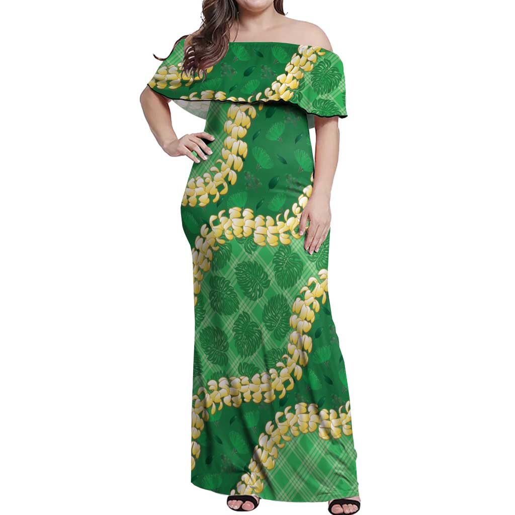 Green Palaka Hawaii Mele Kalikimaka Off Shoulder Maxi Dress Ohia Lehua Monstera Puakenikeni Lei - Polynesian Pride