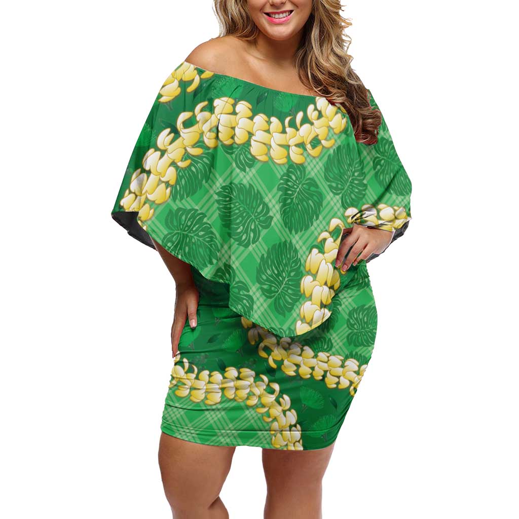 Green Palaka Hawaii Mele Kalikimaka Off Shoulder Short Dress Ohia Lehua Monstera Puakenikeni Lei - Polynesian Pride