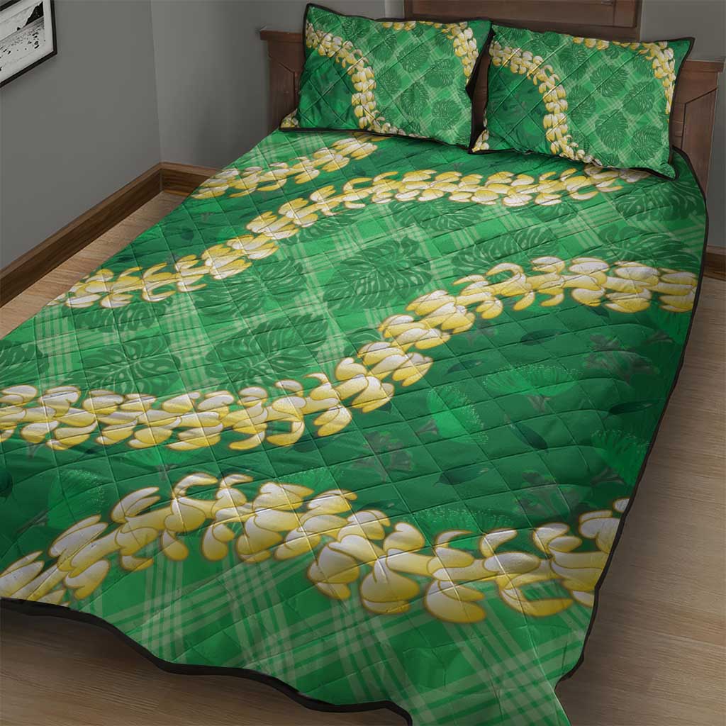 Green Palaka Hawaii Mele Kalikimaka Quilt Bed Set Ohia Lehua Monstera Puakenikeni Lei - Polynesian Pride