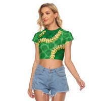 Green Palaka Hawaii Mele Kalikimaka Raglan Cropped T Shirt Ohia Lehua Monstera Puakenikeni Lei - Polynesian Pride