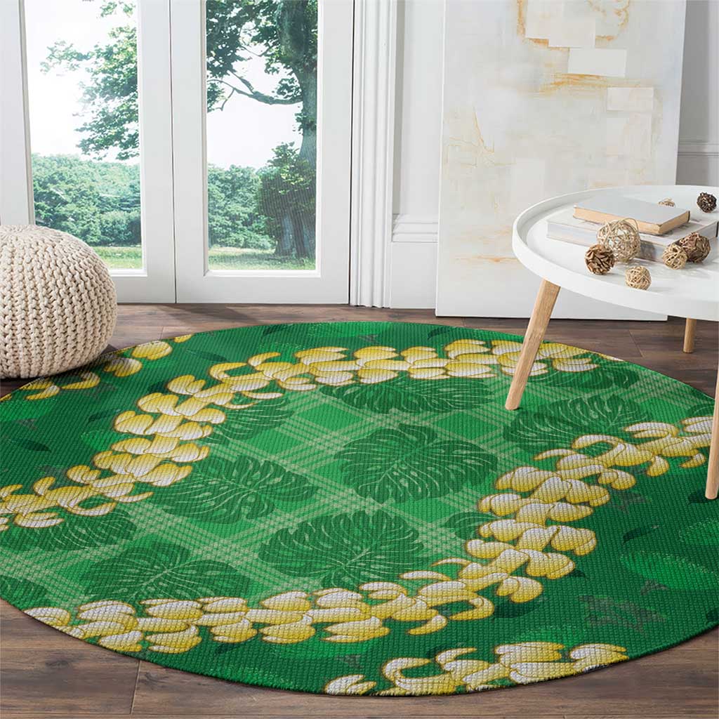 Green Palaka Hawaii Mele Kalikimaka Round Carpet Ohia Lehua Monstera Puakenikeni Lei - Polynesian Pride